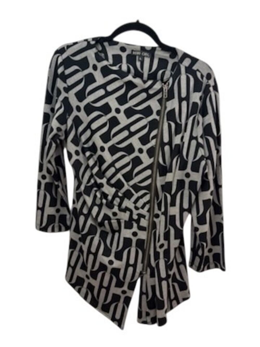 Boho Chic Jacket Abstract Artsy L Black Grey 3/4 Sleeve Rouching Zip Front VNTG